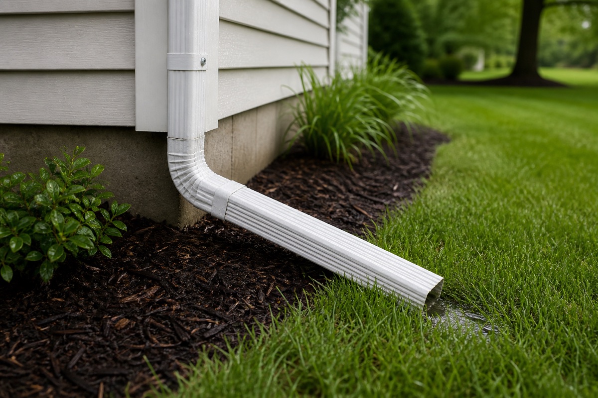 white downspout directing water away from a home foundation