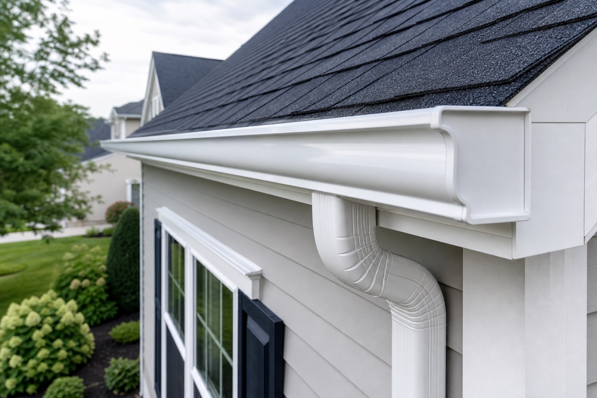 white seamless aluminum gutter installed on a blue home